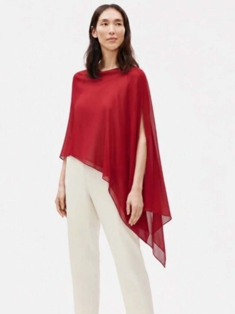 Eileen Fisher 100% Silk Georgette Scarlet Red Wrap Poncho One Size